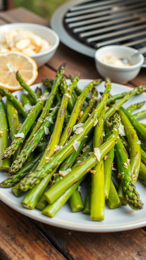 Grilled asparagus with garlic and lemon on a rustic table, garnished with Parmesan cheese.